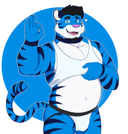5_fingers anthro black_hair black_stripes blue_body blue_eyes blue_fur bulge clothed clothing clothing_lift detailed_bulge fingers fur gesture hair hand_gesture heart_symbol looking_at_viewer male markings navel ok_sign open_mouth open_smile overweight overweight_anthro overweight_male pecs pink_nose shirt shirt_lift short_hair simple_background smile solo striped_body striped_fur striped_markings striped_tail stripes tail tail_markings teeth topwear white_clothing white_shirt white_topwear andeandog felid mammal pantherine tiger 2024 absurd_res cel_shading colored digital_drawing_(artwork) digital_media_(artwork) hi_res shaded
