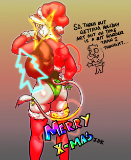 accidental_holly anthro bell bodysuit butt christmas_clothing christmas_headwear clothing hat headgear headwear holiday_message holidays holly_(plant) holly_on_tail male plant sack santa_hat skinsuit solo suggestive tail tight_clothing thatdamngoat christmas felid feline mammal
