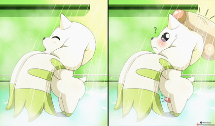 balls bathing bestiality blush duo erection feral fur genitals glans human_on_feral humanoid_genitalia humanoid_penis imminent_sex interspecies long_ears male male/male male_feral male_on_feral penis penis_on_head question_mark shower showering tapering_penis white_body white_fur cloudeon bandai_namco digimon digimon_(species) human mammal terriermon absurd_res comic hi_res