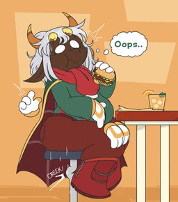 4_eyes 4_fingers 6_hands anthro belly big_butt boots bottomwear brown_body burger butt cape clothing container cup eating eating_food emanata fingers food footwear furniture furniture_damage gloves green_clothing green_shirt green_topwear hair handwear holding_burger holding_food holding_object horn ice ice_cube juice_(beverage) long_ears looking_down male multi_eye multi_hand napkin no_pupils orange_background orange_eyes orange_juice overweight overweight_anthro overweight_male pants red_boots red_bottomwear red_clothing red_footwear red_pants red_scarf scarf shirt shocked shoes side_view simple_background snout solo stool stool_breaking table text thought_bubble topwear unusual_anatomy unusual_eye_placement white_eyes white_hair kittipaws kirby_(series) nintendo taranza arachnid arthropod spider spidr 2026 absurd_res english_text hi_res