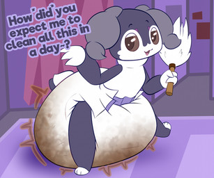 anthro brown_eyes brown_sclera cleaning_tool clothed clothing detailed_background dialogue diaper diaper_only feather_duster feces female glistening glistening_eyes gloves_(marking) head_horn holding_object horn inside leg_markings markings multicolored_body open_mouth open_smile pooping purple_body purple_tail smile socks_(marking) soiled_diaper soiling soiling_diaper solo standing tail text tilde_after_text topless two_tone_body two_tone_tail unclean_diaper used_diaper using_diaper wearing_diaper white_body white_diaper white_tail law_azure nintendo pokemon generation_8_pokemon indeedee pokemon_(species) english_text full-length_portrait hi_res portrait