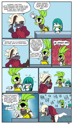 anthro backpack blue_eyes bodily_fluids border bottomwear clothing dialogue eyewear female floppy_ears glasses group hand_behind_head hand_on_hip laugh male pose purple_eyes red_eyes sharp_teeth sign speech_bubble sweat tail tail_motion tailwag teeth text topwear trio white_border yotomoe idw_publishing sega sonic_the_hedgehog_(comics) sonic_the_hedgehog_(idw) sonic_the_hedgehog_(series) doctor_starline kitsunami_the_fennec surge_the_tenrec afrosoricid canid canine canis domestic_dog fennec_fox fox hybrid mammal monotreme platypus tenrec true_fox 2023 absurd_res comic english_text hi_res
