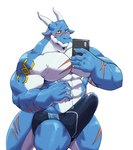 anthro biceps blue_body blush born bulge claws clothed clothing electronics erection erection_under_clothing eye_scar facial_scar holding_object holding_phone looking_at_viewer male muscular muscular_anthro muscular_male pecs phone scar simple_eyes solo speedo swimwear tail tattoo jumperbear mythology dragon mythological_creature mythological_scalie scalie absurd_res hi_res