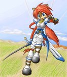 anthro armor blue_eyes breasts brown_body brown_fur clothed clothing cosplay female fur hair holding_melee_weapon holding_object holding_sword holding_weapon melee_weapon outside red_hair solo sword weapon arche_kruz archie_comics bandai_namco sega sonic_the_hedgehog_(archie) sonic_the_hedgehog_(comics) sonic_the_hedgehog_(series) tales_of_(series) tales_of_destiny sally_acorn stahn_aileron chipmunk ground_squirrel mammal rodent sciurid