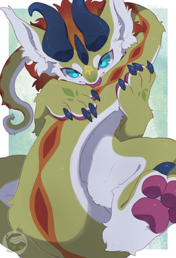 3_horns ambiguous_gender black_claws claws finger_claws fur green_body green_fur hair horn multi_horn pawpads pink_pawpads red_hair solo toe_claws unusual_anatomy unusual_horn mochiri mythology dragon furred_dragon furred_scalie mythological_creature mythological_scalie scalie 2025 absurd_res cel_shading digital_drawing_(artwork) digital_media_(artwork) hi_res shaded