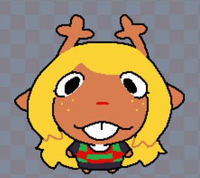 anthro antlers big_head black_bottomwear black_clothing black_skirt blonde_hair bottomwear brown_body brown_fur buckteeth checkered checkered_clothing checkered_topwear clothing female fisheye_lens freckles front_view fur hair horn long_hair looking_at_viewer mouth_closed pattern_clothing pattern_topwear red_nose round_head skirt solo sweater teeth topwear asepriterico deltarune noelling_(meme) undertale_(series) noelle_holiday deer mammal new_world_deer reindeer 2025 aseprite_(artwork) digital_media_(artwork) lol_comments meme meme_origin pixel_(artwork) reaction_image