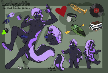 anthro athletic athletic_anthro athletic_male balls black_body black_fur blep blue_penis book brass_instrument chibi clothing ear_piercing erection facial_piercing footprint front_view fur genitals green_eyes heart_symbol humanoid_genitalia humanoid_penis industrial_piercing jockstrap looking_at_viewer male male_anthro musical_instrument nipples nose_piercing nose_ring nude nude_anthro nude_male open_mouth open_smile pawpads pawprint penis piercing purple_body purple_fur rear_view ring_piercing simple_background smile solo tail teeth text tongue tongue_out trumpet underwear vinyl_record wind_instrument labradorszn lafayette_skunk mammal mephitid skunk spotted_skunk 2024 english_text headshot_portrait hi_res model_sheet portrait