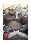 anthro belly belly_grab black_nose blush bodily_fluids bottomwear bulge clothing duo hug hugging_another hugging_from_behind humanoid_hands kemono male male/male moobs navel nipples overweight overweight_male pants scar sweat huto_futon mihoyo sdorica zenless_zone_zero ben_bigger law_(sdorica) bear canid canine canis mammal wolf 2022 absurd_res crossover hi_res