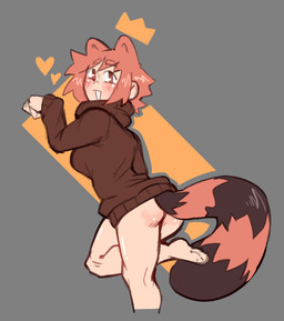 animal_ears barefoot blush bottomless bottomless_female breasts brown_clothing brown_sweater brown_topwear brown_turtleneck butt clothed clothing crown eyebrow_through_hair eyebrows feet female female_humanoid grey_background hair headgear heart_symbol light_body light_skin looking_at_viewer looking_back looking_back_at_viewer markings orange_ears orange_eyebrows orange_eyes orange_hair ring_(marking) ringed_tail simple_background smile solo striped_markings striped_tail stripes sweater tail tail_markings topwear translucent translucent_hair turtleneck derpyfox_36 mona_(derpyfox_36) animal_humanoid canid canid_humanoid canine canine_humanoid humanoid mammal mammal_humanoid tanuki_humanoid 2023 digital_drawing_(artwork) digital_media_(artwork) portrait three-quarter_portrait