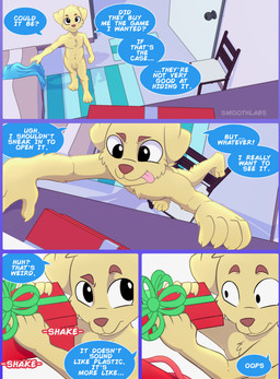 age_difference anthro balls clothed clothing dialogue foreskin fur genitals licking male male/male partially_clothed penis speech_bubble text tongue underwear underwear_lick yellow_body yellow_fur young young_male younger_male smoothlabs caramel_(smoothlabs) bird_dog canid canine canis domestic_dog golden_retriever hunting_dog mammal retriever wolf absurd_res comic digital_media_(artwork) english_text hi_res