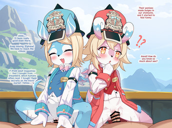 abdominal_bulge adult_on_young age_difference anthro anthro_penetrated biped blonde_hair blue_body blush blush_lines bodily_fluids bottomless censored_genitalia clitoris clothed clothing cowgirl_position crouching_cowgirl cum cum_in_vagina cum_inside detailed_background dialogue ejaculation erection female female_on_top female_penetrated from_front_position genital_fluids genitals group hair hat headgear headwear human_on_anthro human_penetrating human_penetrating_anthro interspecies larger_male loli looking_pleasured male male/female male_on_bottom male_penetrating male_penetrating_female moan multicolored_body older_male on_bottom on_top orgasm outside penetration penile penile_penetration penis penis_in_vagina pink_body question_mark sex size_difference smaller_female text thick_thighs topwear vaginal vaginal_fluids vaginal_penetration vein veiny_penis vulva white_body young younger_female luxus48 genshin_impact mihoyo aeval_(genshin_impact) elphane_(genshin_impact) human mammal melusine_(genshin_impact) censored english_text