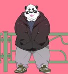 anthro blush bottomwear clothing kemono male overweight overweight_male pants shirt solo tongue tongue_out topwear white_body inunoshippo vtuber sasayama_akira bear giant_panda mammal 2022 hi_res