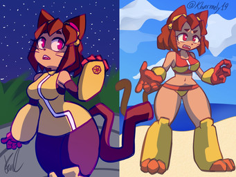 anthro armwear beach bikini clothing day female leggings legwear night swimwear topwear tube_top two-piece_swimsuit whiskers bondylewd gameoverse glitch_productions kit_bodega domestic_cat felid feline felis mammal 4:3 hi_res signature