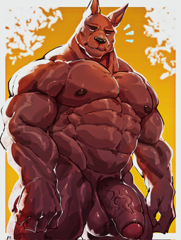 abs anthro balls biceps big_muscles big_penis biped black_nose eyebrows foreskin genitals huge_muscles humanoid_genitalia humanoid_hands humanoid_penis male muscular muscular_anthro muscular_male muscular_thighs nipples nude pecs penis vein veiny_penis teseirei canid canine canis domestic_dog mammal 2025 character_request hi_res