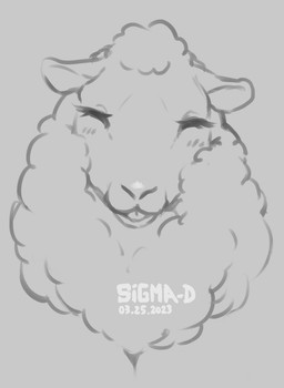 ambiguous_gender anthro blush eyelashes eyes_closed fluffy front_view fur grey_background open_mouth simple_background smile solo text tongue wool_(fur) sigma-d bovid caprine mammal sheep 2023 artist_name dated digital_drawing_(artwork) digital_media_(artwork) hi_res monochrome portrait