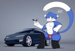 2000s ambiguous_gender anthro belly blue_body blue_fur car clothing femboy fluffy fur grey_eyes leggings legwear looking_at_viewer looking_down low-angle_view navel satire smile smirk solo teeth thong underwear vehicle wide_hips catgirlsupreme oldsmobile oldsmobile_profile jetta_(catgirlsupreme) domestic_cat felid feline felis mammal hi_res