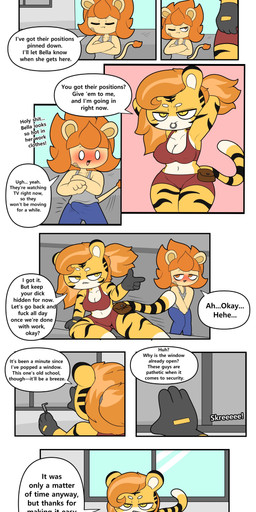 anthro clothing dialogue duo erection erection_under_clothing female gloves handwear male outside profanity speech_bubble stripes tail text tying_hair window yellow_eyes tonytoran bella_(tonytoran) drake_(tonytoran) felid mammal pantherine tiger absurd_res comic english_text hi_res