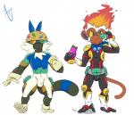 bodysuit bulge clothing duo male skinsuit tight_clothing notfornothin nintendo pokemon generation_4_pokemon generation_7_pokemon infernape mammal passimian pokemon_(species) primate