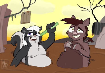 anthro bath_brush belly big_belly brown_body brown_fur brown_hair brush brushing bucket container dead_tree dirty duo fluffy fluffy_chest fluffy_tail forest fur hair holding_object hooves humanoid_hands jungle male messy moobs mud mud_bath navel nipples open_mouth outside overweight overweight_anthro overweight_male pig_snout pipe plant sky smile tail teeth tree tuft wam white_belly white_body white_fur white_hair wooden_bucket sebaku disney the_lion_king the_lion_king's_timon_&_pumbaa mammal mephitid skunk striped_skunk suid suine warthog absurd_res digital_media_(artwork) hi_res huge_filesize superabsurd_res