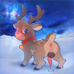 animal_genitalia animal_penis antlers anus balls bestiality blush bodily_fluids butt erection feral fur genital_fluids genitals holidays hooves horn male nude penis presenting red_nose smile solo tail young bundefault christmas rudolph_the_red-nosed_reindeer deer mammal new_world_deer reindeer absurd_res digital_media_(artwork) hi_res