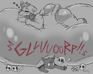 abdominal_bulge anthro belly_crush big_butt bone bone_in_mouth bones_in_stomach butt digestion digestion_noises duo fatal_vore hibernation intersex intersex/male lying male mass_vore multiple_prey nude on_front overweight scared skull sleeping trapped_under_belly vore weight_gain starry_stoat bear canid canine mammal 5:4 hi_res