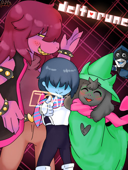 4_fingers 5_fingers abstract_background anthro belt black_body black_fur blue_body blue_hair blue_skin bottomwear bracelet clothed clothing eyes_closed eyewear fangs fingers freckles fully_clothed fur gesture glasses group hair half-closed_eyes hand_gesture happy hat headgear headwear heart_clothing heart_cutout heart_font heart_symbol jacket jewelry long_ears long_hair looking_at_viewer narrowed_eyes open_mouth pants purple_body purple_hair purple_skin robe scarf simple_background smile spades_(suit) spiked_bracelet spikes standing suit_symbol sweater teeth text thumbs_up tongue topwear tuft turtleneck white_body white_skin yellow_sclera yellow_teeth ankk deltarune undertale_(series) kris_dreemurr lancer_(deltarune) ralsei susie_(deltarune) bovid caprine darkner goat human mammal reptile scalie 2018 3:4 english_text hi_res