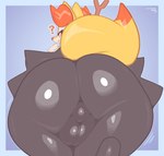 anthro backsack balls big_butt biped black_body black_fur butt butt_focus fur genitals huge_butt looking_at_viewer looking_back looking_back_at_viewer male multicolored_body multicolored_fur multicolored_tail nude orange_body orange_eyes orange_fur outline perineum pupils question_mark rear_view simple_background smile solo standing tail text yellow_tail frumples nintendo pokemon braixen generation_6_pokemon pokemon_(species) 2025 artist_name dated digital_drawing_(artwork) digital_media_(artwork) hi_res