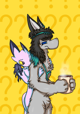 3_claws 3_fingers anthro blue_hair blue_sclera brown_hair claws coffee_mug duo featureless_chest featureless_crotch female fingers fur green_eyes grey_body grey_fur hair hug hugging_another hugging_from_behind male male/female nude pink_body pink_scales purple_eyes question_mark scales simple_background steaming_cup text text_background yellow_background yellow_sclera mzzzzzzzz mythology lydia_(mzzzzzzzz) zig-zag_(mzzzzzzzz) dragon eastern_dragon mythological_creature mythological_scalie scalie hi_res