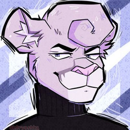 anthro black_clothing black_sweater black_topwear clothing ears_up eyebrows fur looking_at_viewer male pink_body pink_fur purple_eyes smile smiling_at_viewer solo sweater topwear k8ryoshka katz_(katzenkompf) cougar felid feline mammal 1:1 headshot_portrait low_res portrait