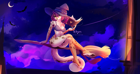 anthro clothing female fluffy fluffy_tail hat headgear headwear magic_user slim solo tail witch witch_costume witch_hat whisperingstone krisafitsa felid leopard mammal pantherine snow_leopard absurd_res hi_res