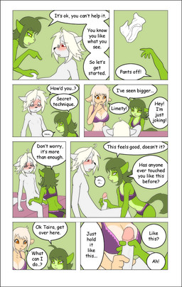 anthro assisted_exposure big_breasts big_penis blush breasts clothed clothing collaborative collaborative_handjob collaborative_sex dialogue erection female genitals green_body group handjob humanoid_genitalia humanoid_penis inexperienced male nervous nude nude_male penile penis sex simple_background tail text topless undressing_another vein veiny_penis petit limety taira xeros mammal unknown_species comic english_text hi_res