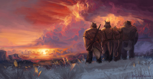 anthro cloud desert detailed_background field group gun landscape landscape_background male ranged_weapon sun sunset weapon drunk_ferret echo_(series) echo_project the_smoke_room nikolai_krol samuel_ayers william_adler badger canid canine canis cougar coyote felid feline mammal mustelid musteline absurd_res hi_res