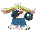 ammo_belt anthro blush bottomwear claws clothing denim denim_bottomwear denim_clothing eating food gun_arm heart_symbol horn jeans long_ears male onigiri pants rice shirtless smile solo summertree4816 bandai_namco digimon digimon_(species) gargomon hi_res