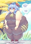 2022 2_horns adeptus_(genshin_impact) animal_humanoid artist_name bangs bell bell_collar belly belly_overhang belly_rolls belly_squish big_belly big_breasts blue_hair blush blush_lines body_stocking breasts chubby_cheeks clothed clothing cloud collar cowbell curved_horn dialogue embarrassed english_text eyebrow_through_hair eyebrows eyelashes fat_arms fat_rolls female flabby_arms fluffy fluffy_hair footwear full-length_portrait ganyu_(genshin_impact) genshin_impact grass hair hands_on_legs hands_on_own_legs hands_on_own_thighs hands_on_thighs hi_res high_heels horn horned_humanoid huge_breasts huge_hips huge_thighs humanoid kirin_humanoid leaning leaning_forward leaning_on_self long_hair love_handles mammal mihoyo navel_outline nipple_outline obese obese_female obese_humanoid open_mouth outside overweight overweight_female overweight_humanoid pixiveo plant portrait purple_eyes shoes side_bangs signature skinsuit sky solo speech_bubble squish standing stuttering teeth text thick_calves thick_thighs thigh_squish three-quarter_view tight_clothing translucent translucent_hair tree wavy_mouth weight_conscious weight_gain wide_hips worried