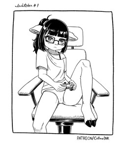 5_fingers anthro bangs barefoot blunt_bangs border camel_toe chair clothed clothed_anthro clothed_female clothing cloven_hooves controller dark_eyebrows dark_hair dark_hooves eye_bags eyebrows eyelashes eyewear feet female female_anthro fingers front_view furniture game_controller glasses hair holding_controller holding_game_controller holding_object hooved_plantigrade hooved_toes hooves humanoid_hands iris medium_hair mouth_closed off_shoulder on_chair pantsless pantsless_anthro pantsless_female plantigrade ponytail pupils rectangular_glasses shirt simple_background sitting sitting_on_chair slim slim_anthro slim_female solo spread_legs spreading text topwear underwear wearing_glasses white_border call_me_ink inktober tala_taylor bovid caprine goat mammal artist_name black_and_white hi_res line_art monochrome portrait