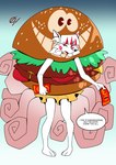 anthro burger burger_costume clothed clothing costume dialogue female food food_costume gradient_background looking_at_viewer simple_background solo standing talking_to_viewer text alvh-omega naoko_(alvh-omega) canid canine fox mammal english_text hi_res