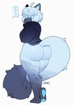 ambiguous_gender anthro big_butt big_tail blue_body blue_fur bottomless bottomless_anthro butt clothed clothing exclamation_point fur gradient_fur hair hair_over_eyes hands_over_mouth pear-shaped_figure pointy_speech_bubble simple_background solo speech_bubble tail white_background wide_hips chromapan thatcher ambiguous_species 2025 hi_res signature nonbinary_(lore)