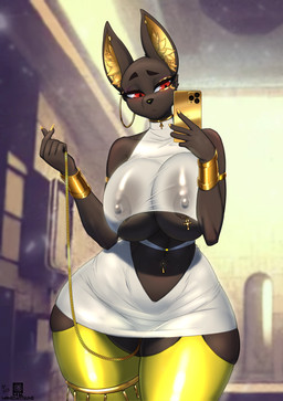 5_fingers ankh ankh_pendant anthro areola areola_piercing areola_slip belly_cutout big_breasts biped black_areola black_body black_fur bracelet breasts cellphone chain cleavage_cutout clothed clothing collar colored_nails covered_vulva curvy_figure cutout dress ear_piercing ear_ring electronics female fingers front_view fur gold_(metal) gold_bracelet gold_chain gold_jewelry gold_leash gold_necklace hidden_genitals holding_cellphone holding_chain holding_leash holding_object holding_phone holding_smartphone hoop_ear_ring huge_breasts inner_ear_fluff jewelry leash legwear looking_at_cellphone looking_at_object looking_at_phone minidress nails navel navel_pendant navel_piercing necklace nipple_outline nipple_piercing nipples phone piercing pussy_leash red_eyes ring_piercing selfie sharp_nails skimpy smartphone solo standing thick_thighs thigh_highs tuft under_boob white_clothing white_dress wide_hips wristband year yellow_clothing yellow_inner_ear_fluff yellow_legwear yellow_nails yellow_thigh_highs maned_kitsune anubis_(whisperingfornothing) anubian_jackal canid canine canis jackal mammal 2023 absurd_res hi_res