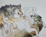 ambiguous_gender anus bite female female/ambiguous feral feral_on_feral fur genitals group predator/prey pussy trio wool_(fur) briarlupine bovid canid canine canis caprine mammal sheep wolf hi_res painting_(artwork) unfinished watercolor_(artwork)