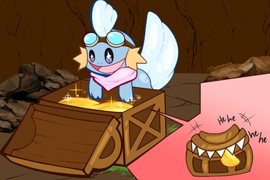 ambiguous_gender bandanna_scarf eyewear eyewear_on_head feral goggles goggles_on_head gold_tongue imminent_danger open_mouth simple_background starry_eyed treasure_chest softestpuffss nintendo pokemon pokemon_mystery_dungeon spike_chunsoft fan_character generation_3_pokemon mimic mimic_chest mudkip pokemon_(species) 3:2 hi_res male_(lore)