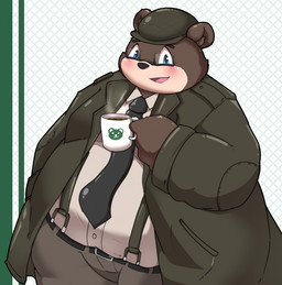 anthro belly beverage big_belly blush bottomwear brown_body clothing coffee container cup eyewear glasses hat headgear headwear kemono male mug overweight overweight_male pants shirt solo suspenders topwear kusosensei bear mammal 2024 hi_res