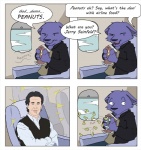 aircraft airplane anthro black_hair clothed clothing crossed_arms dialogue duo food fruit fur green_eyes hair humor inside_airplane joke legume male nut_(fruit) peanut_(food) plant purple_body purple_fur text topwear vehicle vest window phenris seinfeld fen_(character) jerry_seinfeld canid canine canis human mammal wolf comic english_text