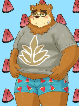 anthro belly blush brown_body brown_fur clothing eyes_closed eyewear food fruit fur glasses kemono male melon overweight overweight_male plant shirt solo topwear underwear watermelon watermelon_slice yaki_atsuage lifewonders tokyo_afterschool_summoners volos_(tas) bear mammal 2025 absurd_res hi_res