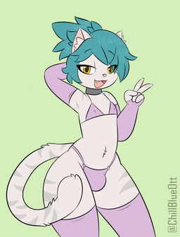 5_fingers anthro armwear bikini bikini_bottom bikini_top bottomwear bulge clothed clothing collar ears_up fangs femboy fingers footwear fur gloves green_hair grey_body grey_fur hair handwear legwear looking_at_viewer male pink_clothing posing_for_the_viewer simple_background socks solo swimwear tail teeth topwear two-piece_swimsuit yellow_eyes chillblue domestic_cat felid feline felis mammal hi_res