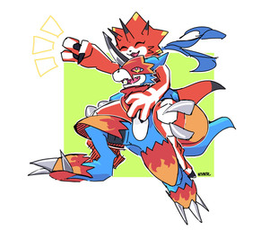 anthro armor blue_body carrying_another duo headgear helmet male piggyback red_body scarf smile notaventura bandai_namco digimon betelgammamon digimon_(species) flamedramon scalie absurd_res hi_res