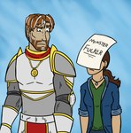 armor brown_hair duo facial_hair female frown hair human_only jewelry knight male medallion necklace not_furry paladin ponytail shaming sign simple_background size_difference teratophilia text warrior ichiwashername human mammal english_text hi_res