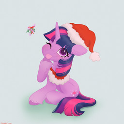 bangs bent_legs blue_background blue_mane blue_tail blush christmas_clothing christmas_headwear clothing cutie_mark eyelashes feathering female female_feral feral fur hat headgear headwear holidays hooves horn looking_at_viewer magic magic_user mane medium_mane mistletoe multicolored_mane multicolored_tail one_eye_closed pink_mane pink_tongue plant purple_hooves purple_horn purple_mane purple_tail quadruped red_clothing red_hat red_headwear red_shawl santa_hat simple_background sitting smile smiling_at_viewer solo tail tongue tongue_out unguligrade unicorn_horn starburst_uwu christmas friendship_is_magic hasbro my_little_pony mythology twilight_sparkle_(mlp) equid equine mammal mythological_creature mythological_equine unicorn 1:1 2025 absurd_res colored digital_drawing_(artwork) digital_media_(artwork) english_description hi_res shaded