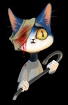 anthro bandage bandaged_eye black_background blood blood_on_bandage blood_on_clothing blood_on_eye blood_on_face blue_body blue_fur bodily_fluids clothed clothing crowbar fangs fur holding_crowbar holding_object holding_tool inner_ear_fluff male nervous open_mouth pupils shirt simple_background slit_pupils solo t-shirt teeth tools topwear tuft whiskers white_body white_fur wounded yellow_eyes cuppacats ruby_quest tom_(rq) domestic_cat felid feline felis mammal 2012 digital_media_(artwork) digital_painting_(artwork)