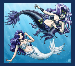 armor bare_shoulders black_body black_scales black_tail border bra bracers breasts choker circlet cleavage clothed clothing duo female hair hair_over_eye highlights_(coloring) jewelry long_hair multicolored_hair navel necklace purple_hair scales seashell_bra split_form strapless_bra strapless_clothing strapless_underwear swimming tail transparent_border two_tone_hair underwater underwear water white_body white_highlights white_scales white_tail king-kakapo friendship_is_magic hasbro idw_publishing my_little_pony my_little_pony_(idw) nightmare_rarity_(idw) rarity_(mlp) aquatic humanoid_merfolk merfolk 2019 alpha_channel hi_res