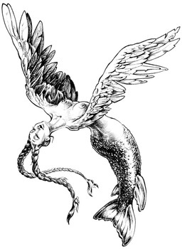 braided_hair breasts eyes_closed feathered_wings feathers female fin hair nipples nude open_mouth scales simple_background solo white_background wings carl_quist_moller humanoid siren 2015 absurd_res hi_res monochrome